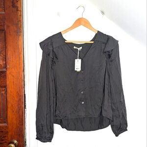 MARINE LAYER Charcoal Rory Long Sleeve Ruffle Blouse NEW Size L
